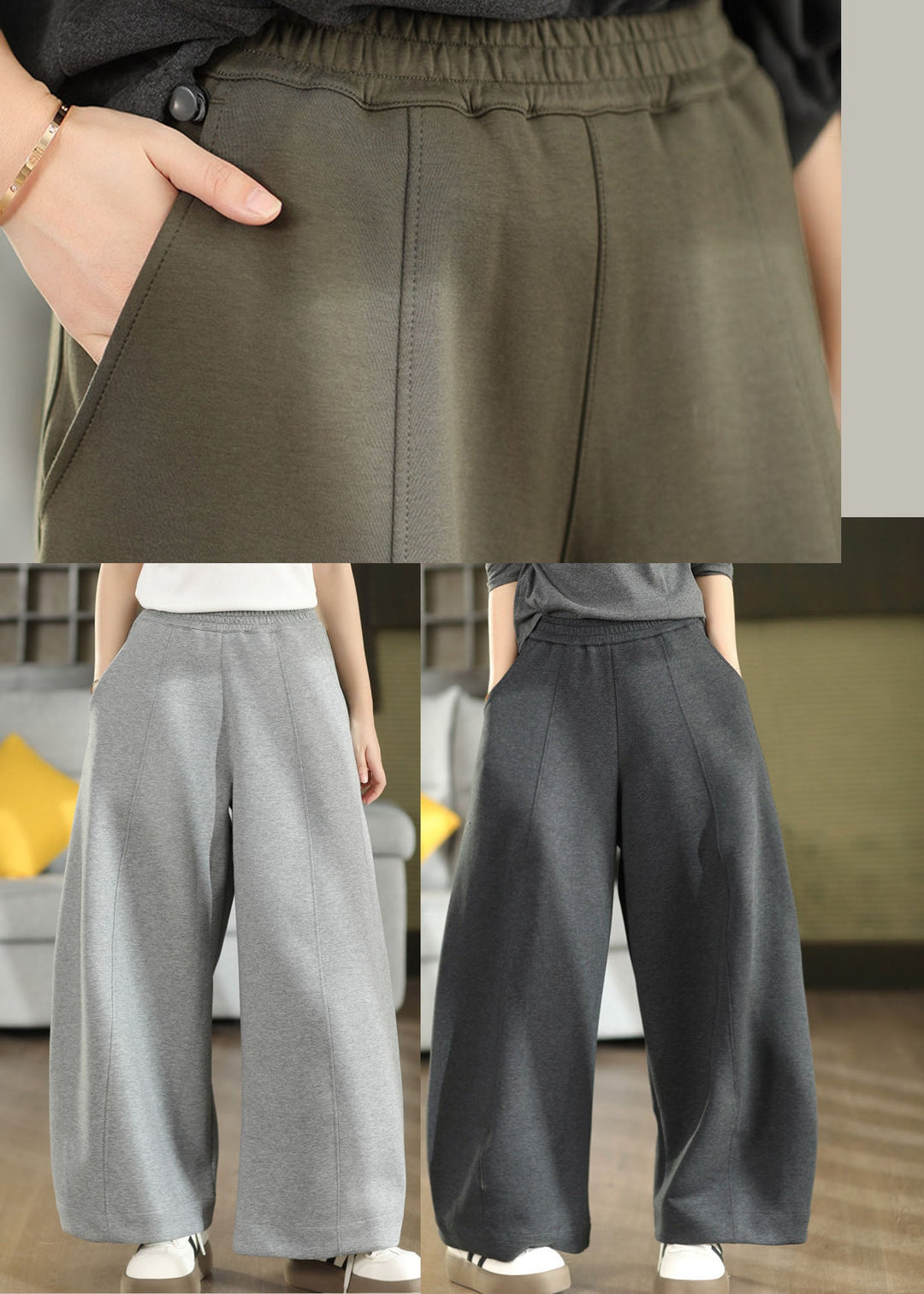 Organic Light Grey Elastic Waist Cotton Pants Trousers Fall