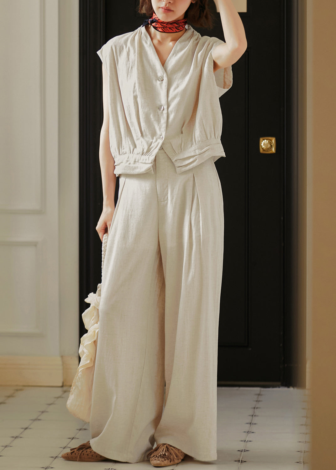 Organic Linen Color V Neck Cotton Two-Piece Set Summer