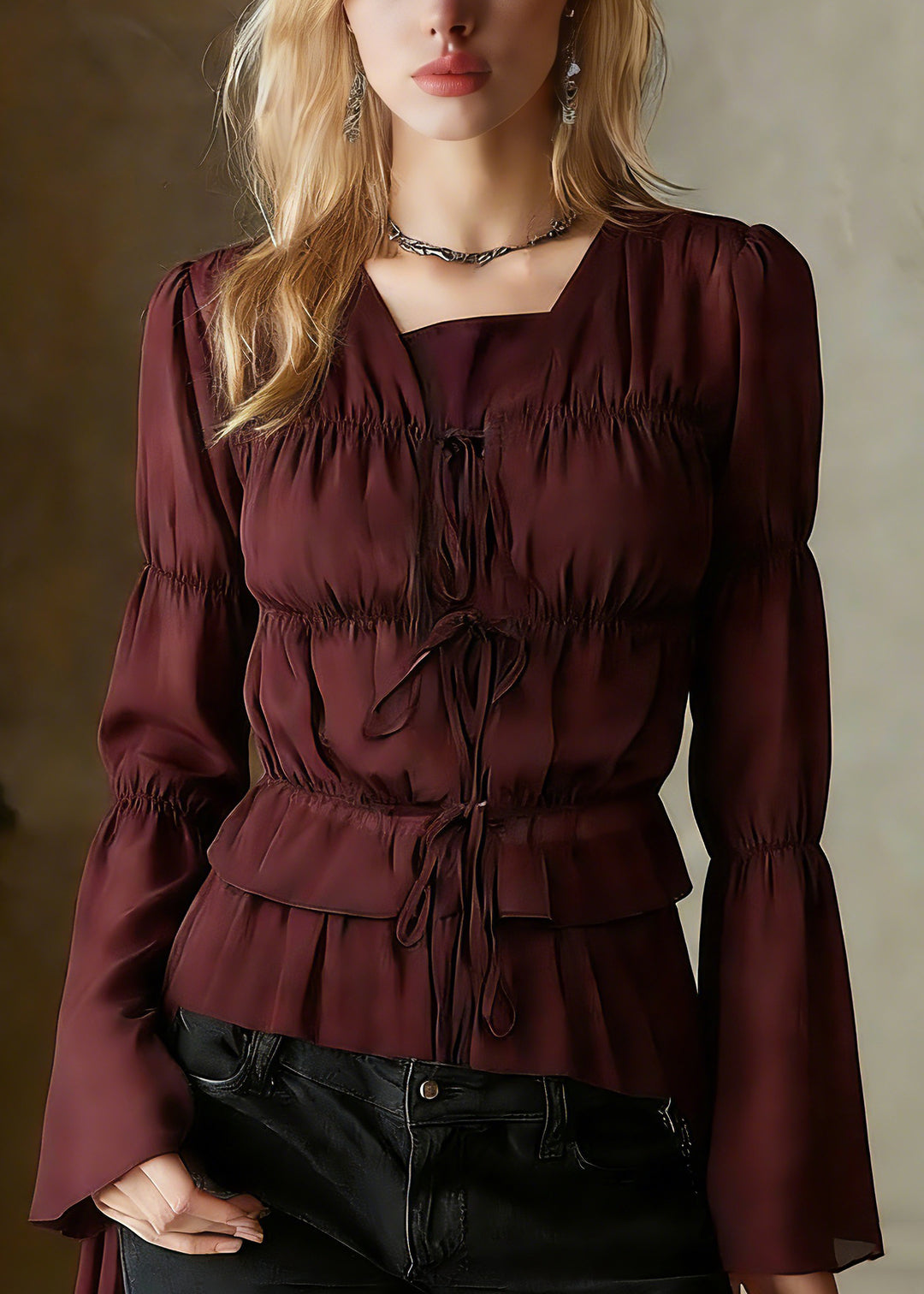 Organic Mulberry Ruffled Cinched Chiffon Shirts Spring