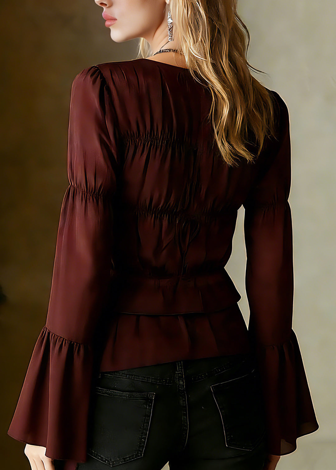 Organic Mulberry Ruffled Cinched Chiffon Shirts Spring