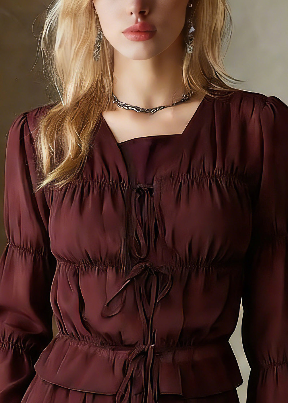 Organic Mulberry Ruffled Cinched Chiffon Shirts Spring