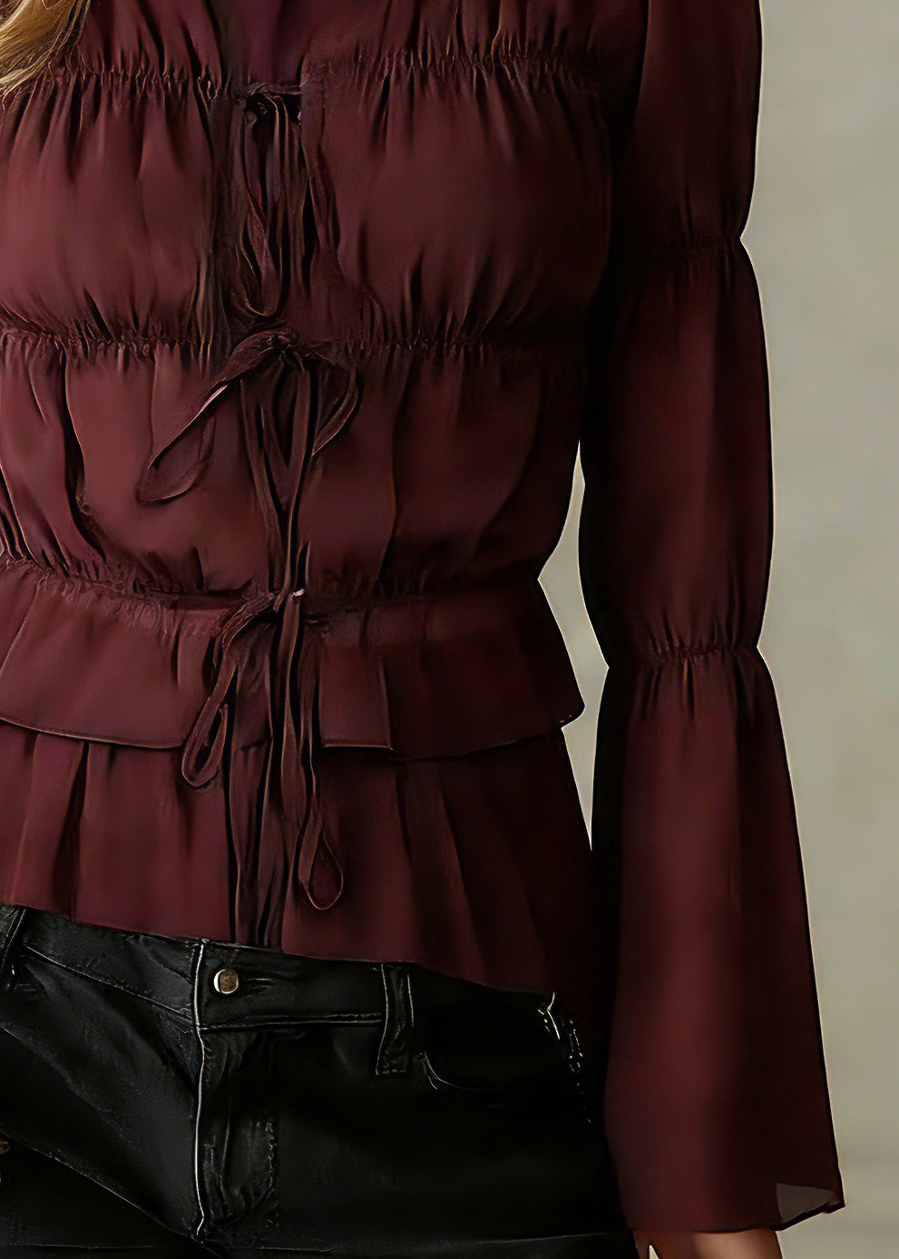 Organic Mulberry Ruffled Cinched Chiffon Shirts Spring