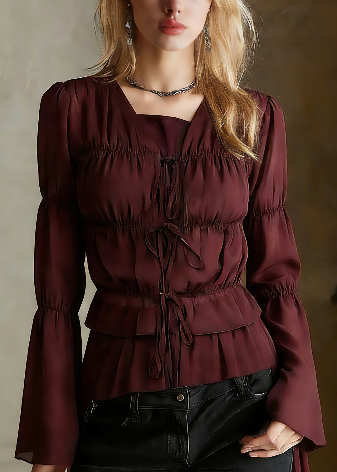 Organic Mulberry Ruffled Cinched Chiffon Shirts Spring