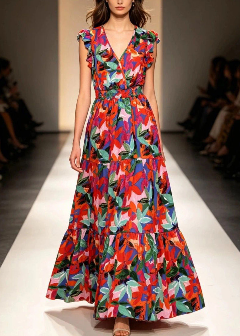 Organic Multi Ruffled Patchwork Maxi Dress Sleeveles