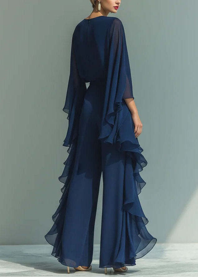 Organic Navy O Neck Ruffled Chiffon Two Pieces Set Summer