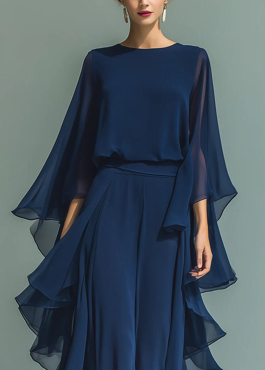 Organic Navy O Neck Ruffled Chiffon Two Pieces Set Summer