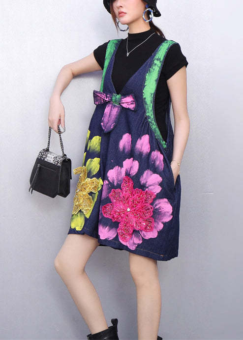 Organic Navy Oversized Print Denim Shorts Jumpsuit Summer