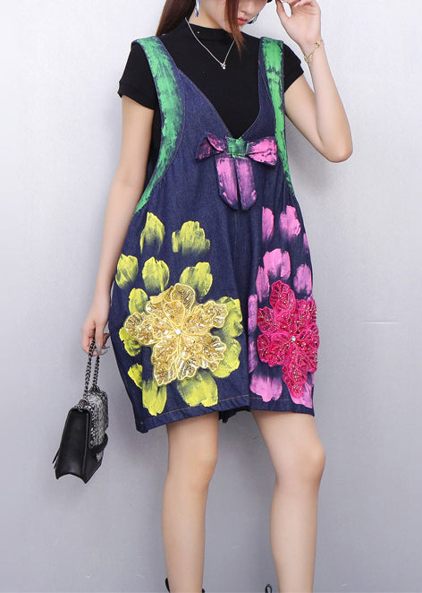 Organic Navy Oversized Print Denim Shorts Jumpsuit Summer