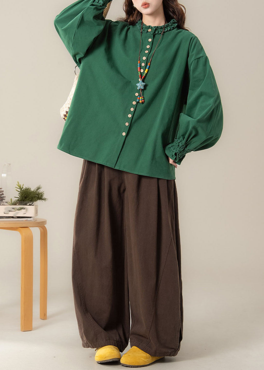 Organic O-Neck Button Shirts And Wide Leg Pants Two Pieces Set Lantern Sleeve