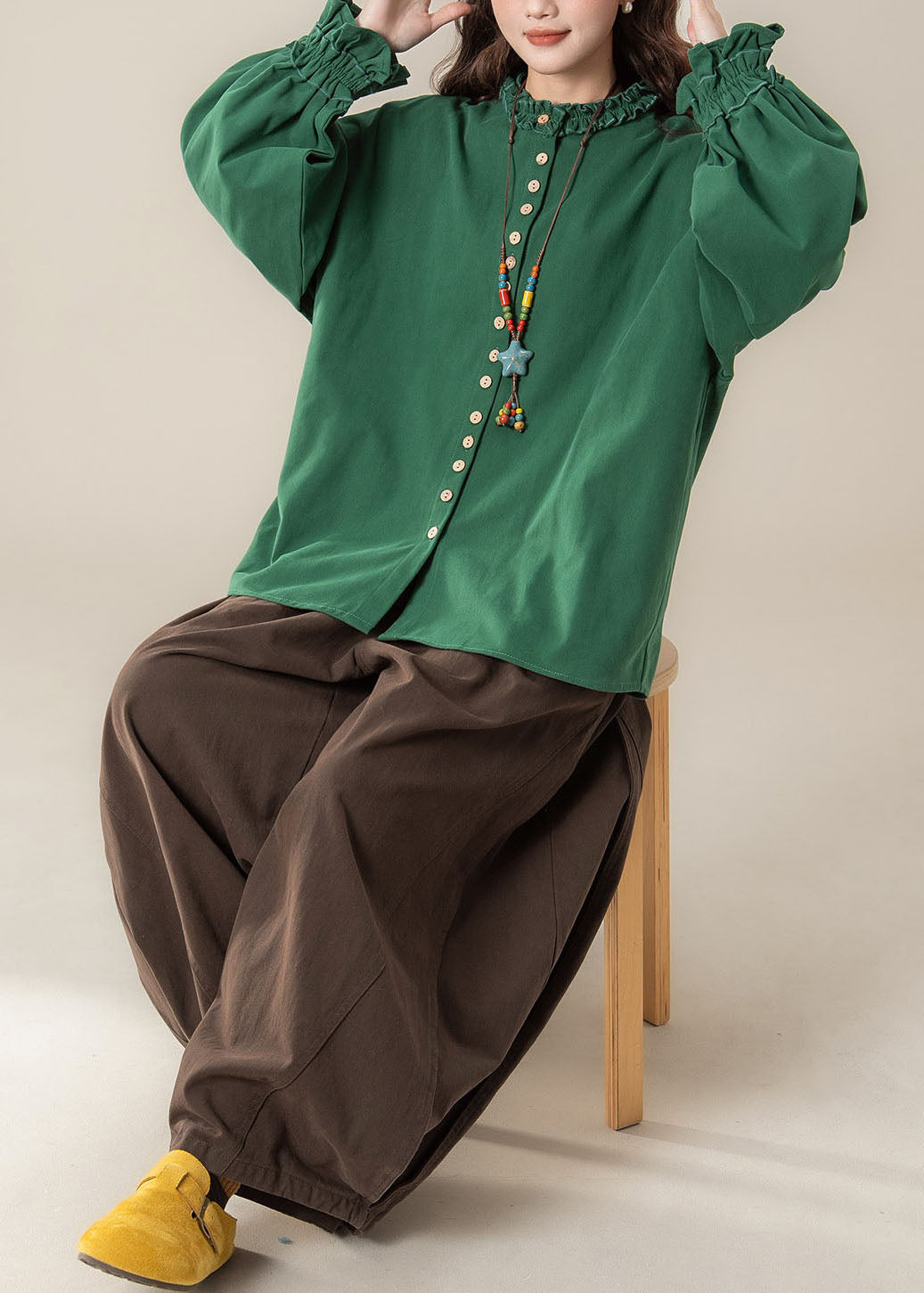 Organic O-Neck Button Shirts And Wide Leg Pants Two Pieces Set Lantern Sleeve