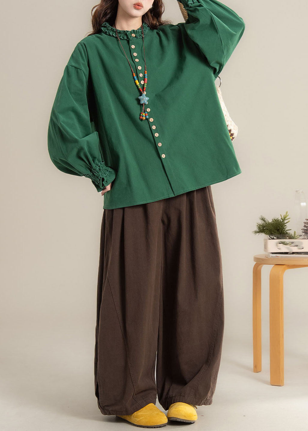Organic O-Neck Button Shirts And Wide Leg Pants Two Pieces Set Lantern Sleeve
