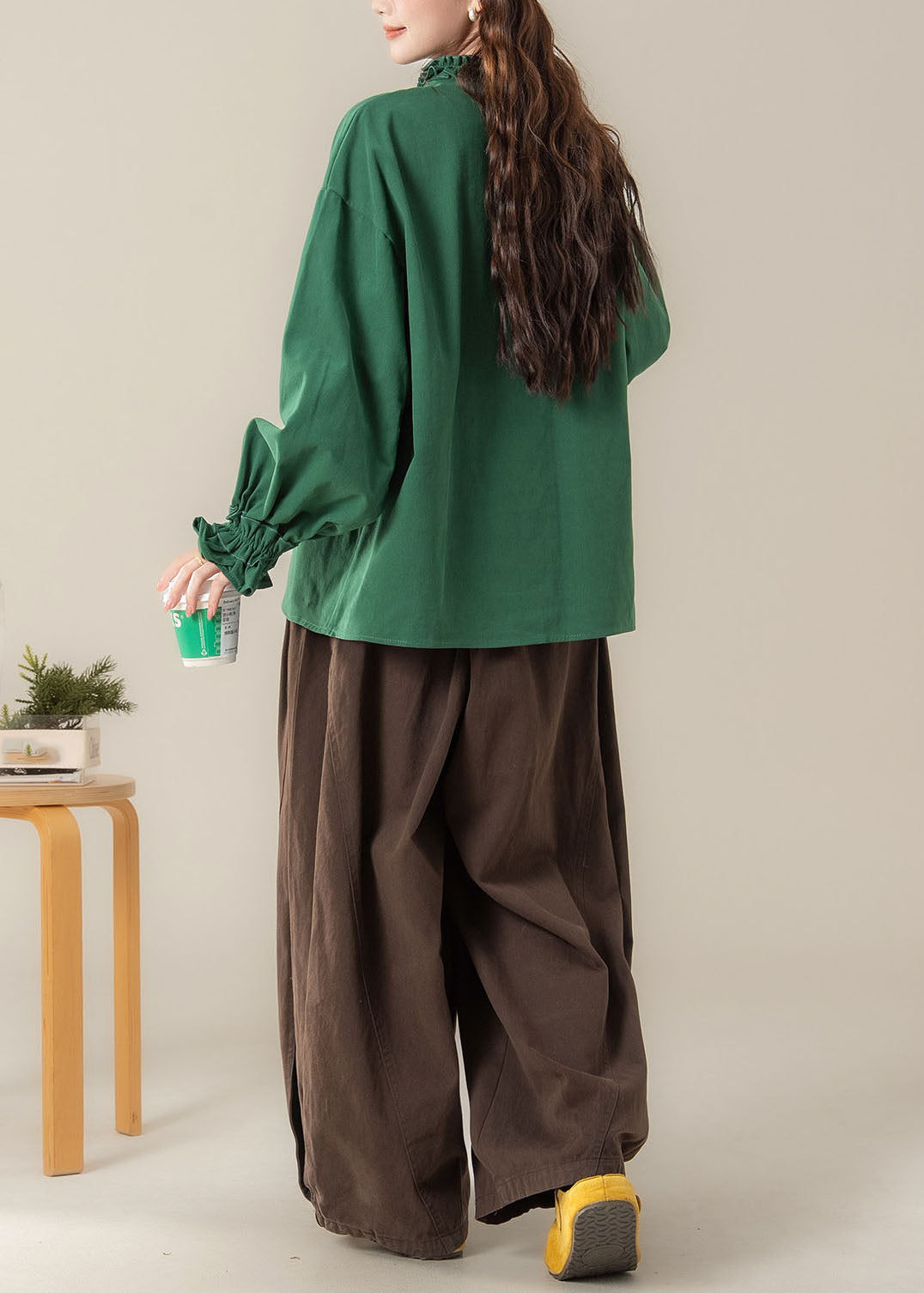 Organic O-Neck Button Shirts And Wide Leg Pants Two Pieces Set Lantern Sleeve