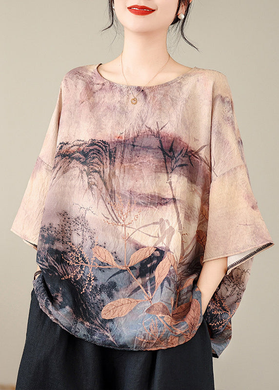 Organic O Neck Print Cotton T Shirt Batwing Sleeve
