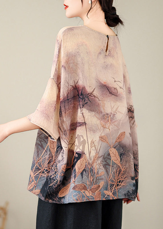 Organic O Neck Print Cotton T Shirt Batwing Sleeve