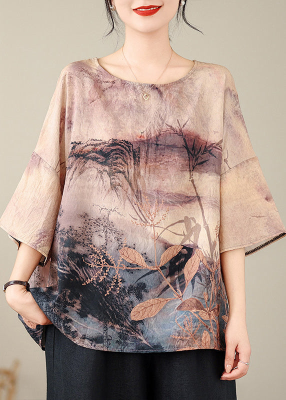 Organic O Neck Print Cotton T Shirt Batwing Sleeve