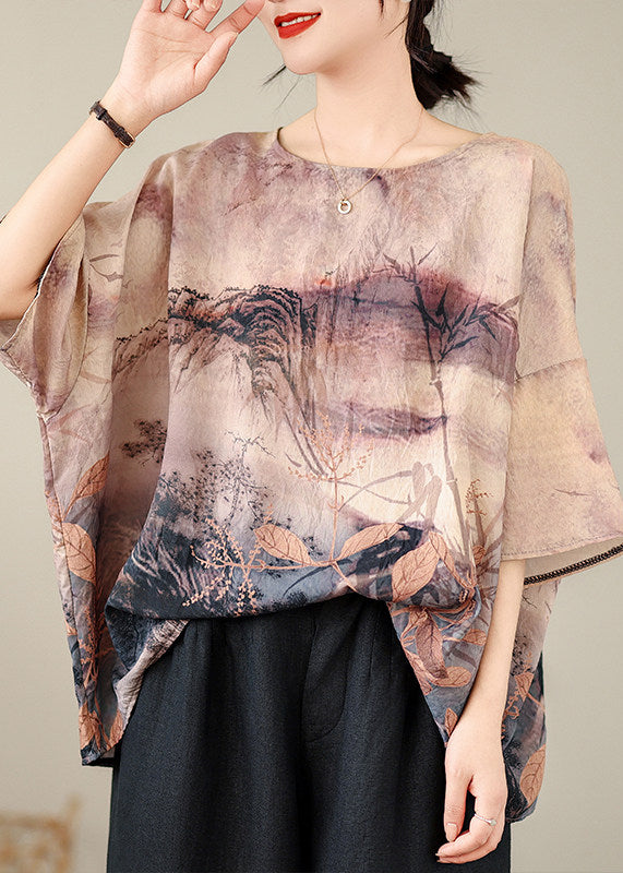 Organic O Neck Print Cotton T Shirt Batwing Sleeve