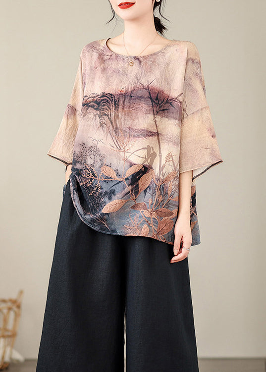 Organic O Neck Print Cotton T Shirt Batwing Sleeve