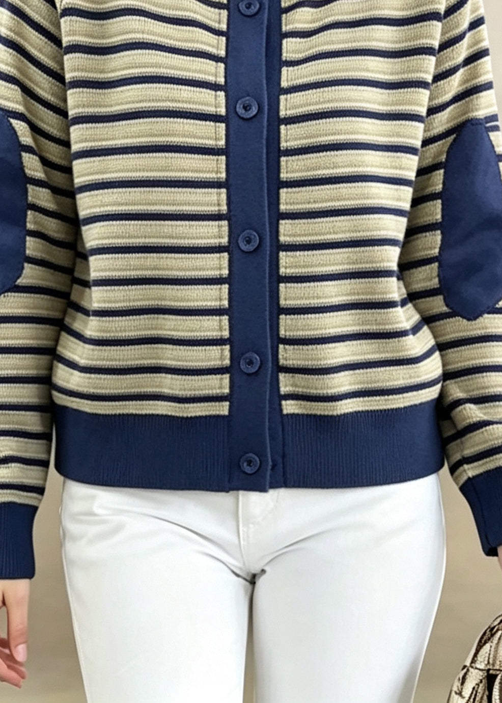 Organic O-Neck Striped Patchwork Button Coat Long Sleeve