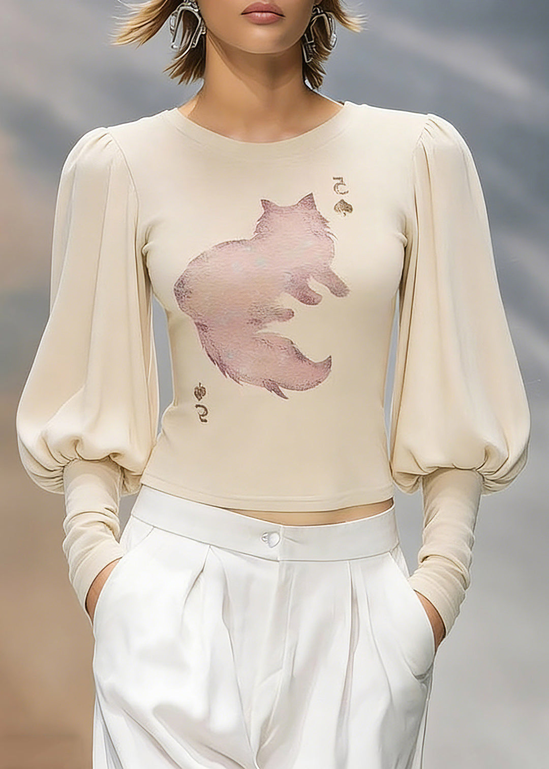 Organic Oat Color O-Neck Print Tops Lantern Sleeve