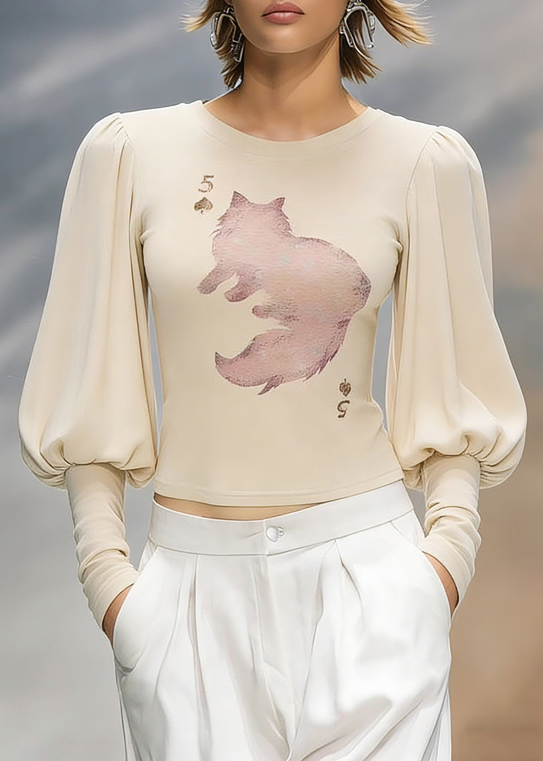 Organic Oat Color O-Neck Print Tops Lantern Sleeve