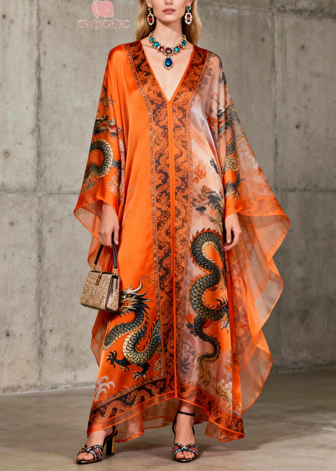 Organic Orange Oversized Print Chiffon Maxi Dress Batwing Sleeve