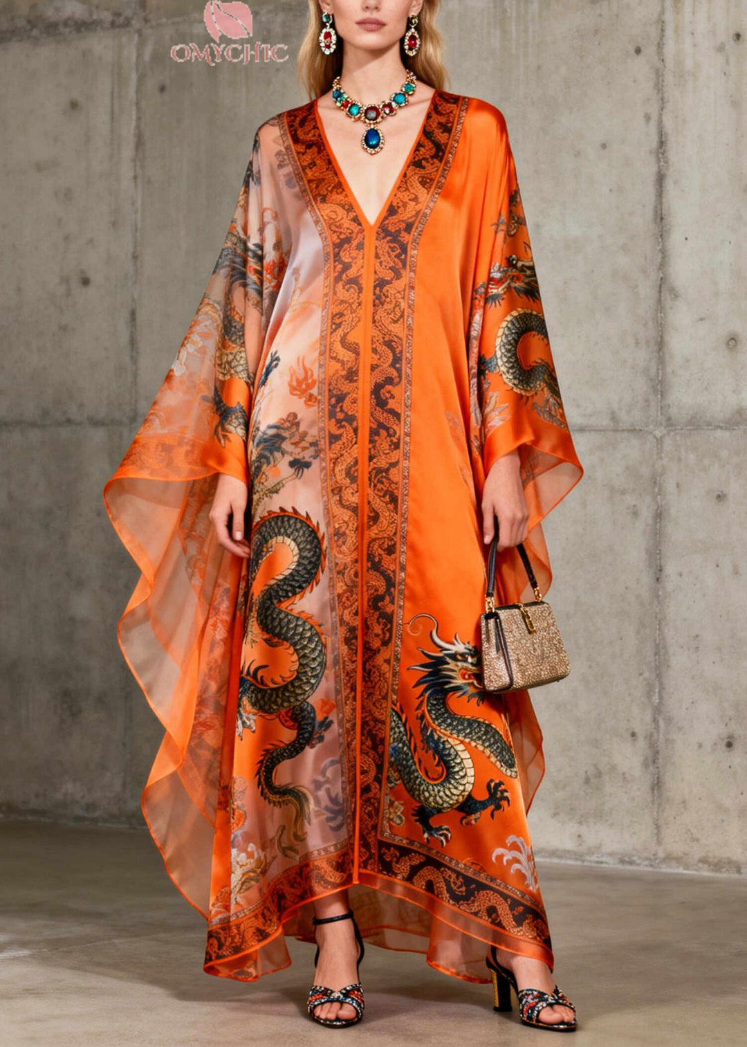 Organic Orange Oversized Print Chiffon Maxi Dress Batwing Sleeve