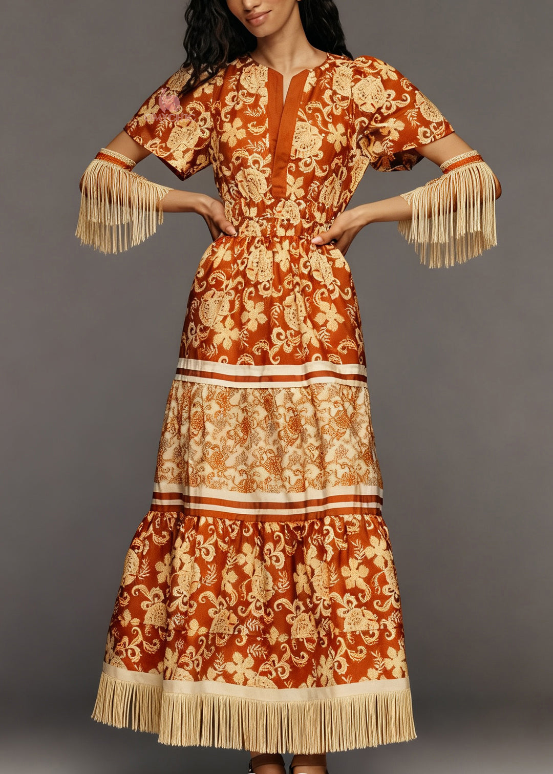Organic Orange Print Tasseled Patchwork Cotton Long Dresses Summer