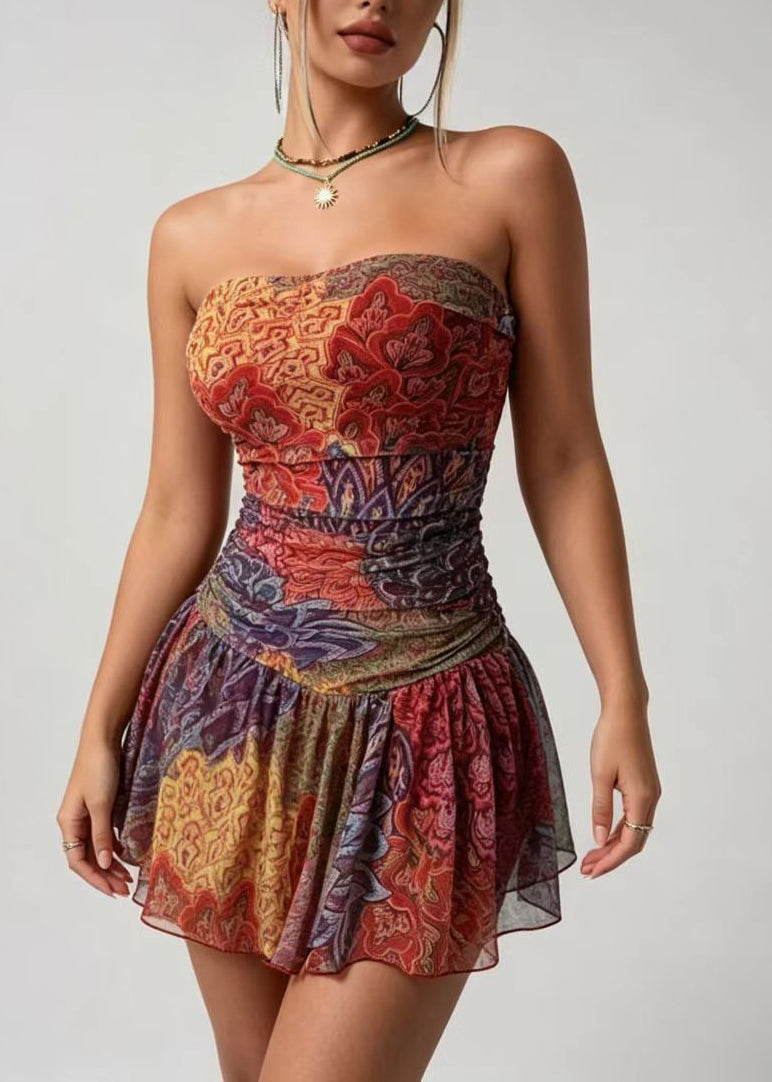 Organic Orange Strapless Print Chiffon Mini Dress Summer