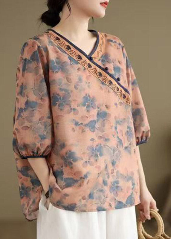 Organic Orange V Neck Print Low High Design Shirt Summer