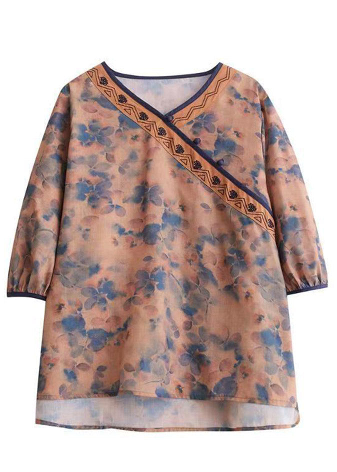 Organic Orange V Neck Print Low High Design Shirt Summer