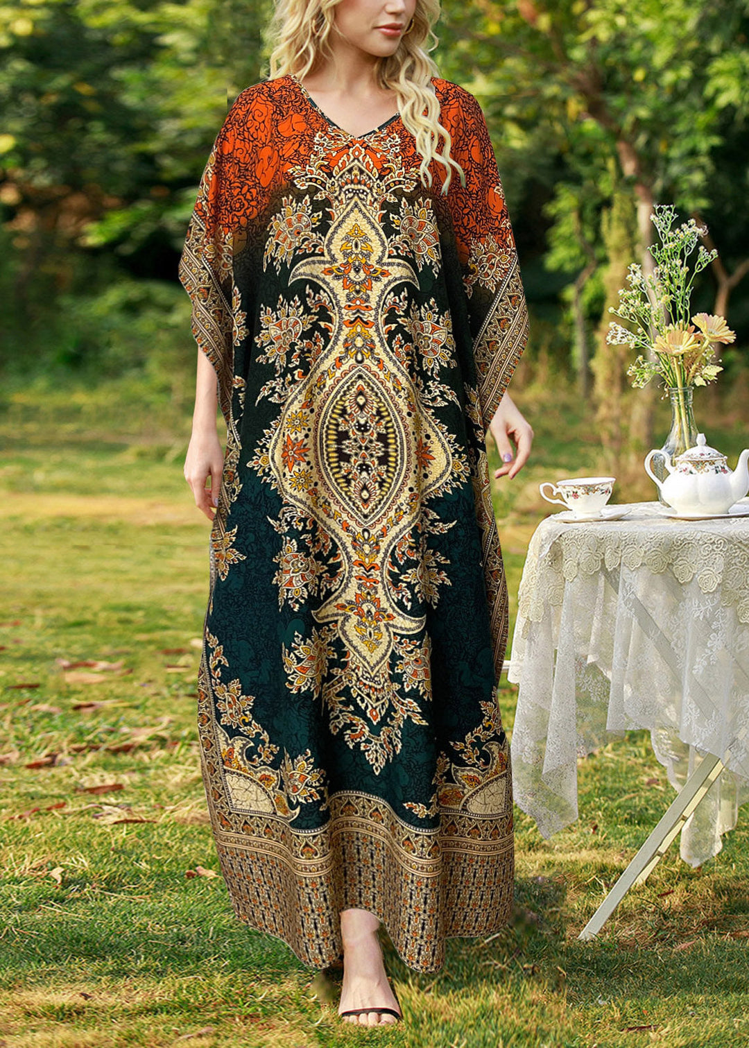 Organic Orange V Neck Side Open Long Dress Batwing Sleeve