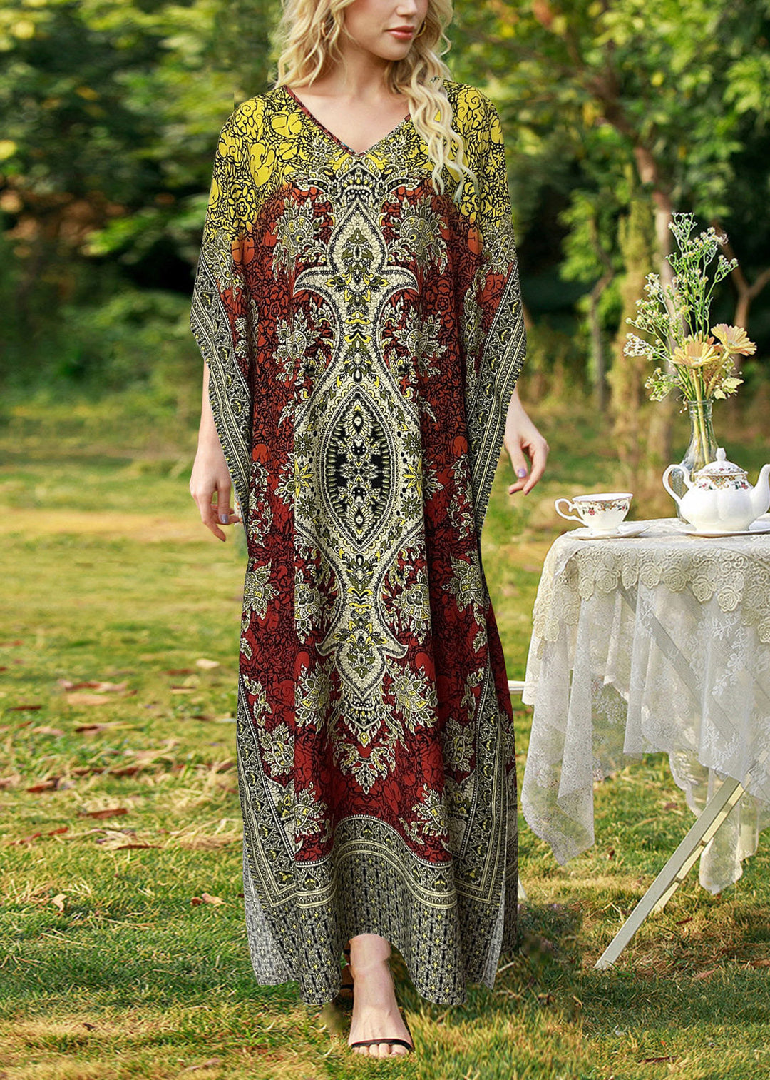Organic Orange V Neck Side Open Long Dress Batwing Sleeve