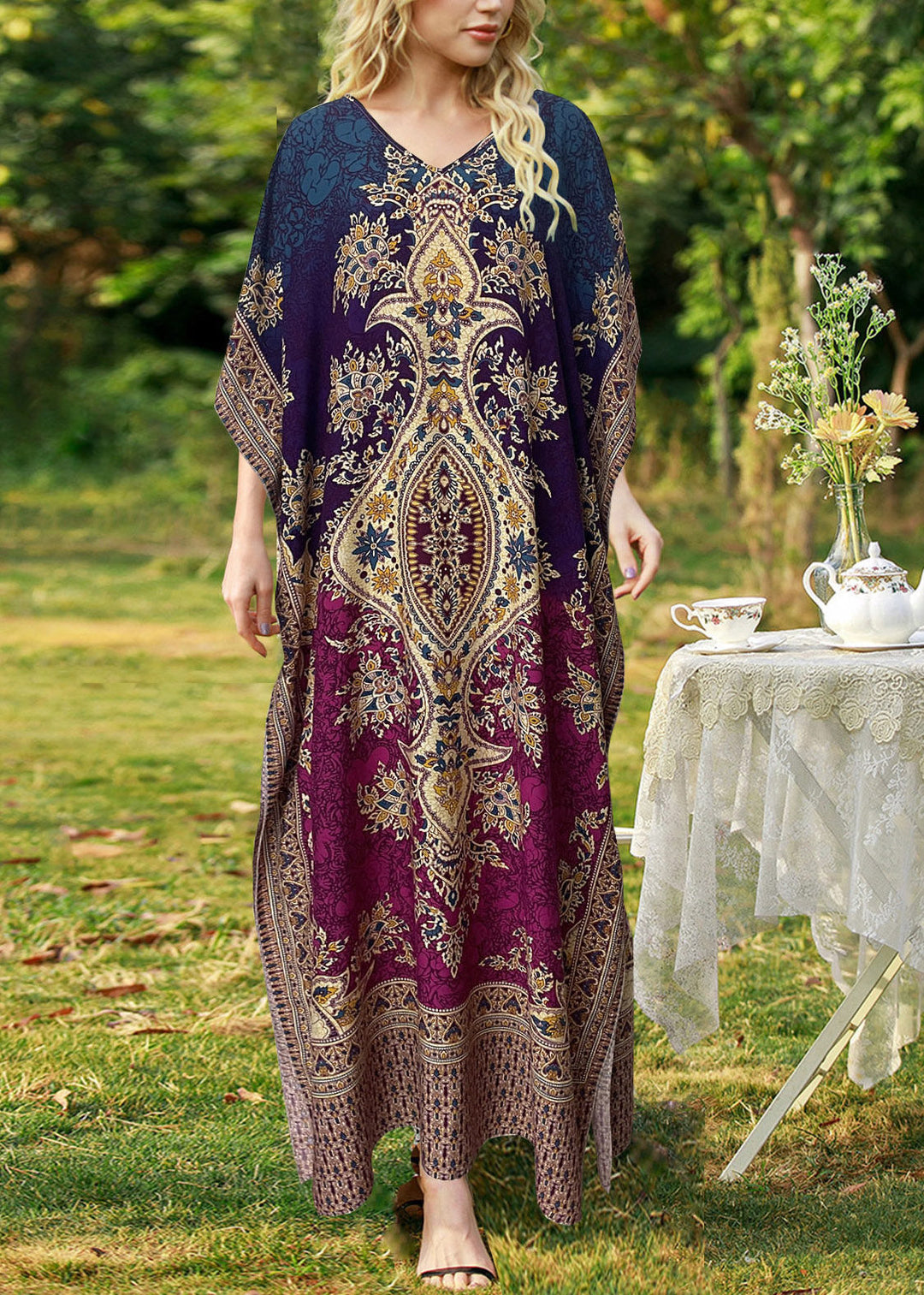 Organic Orange V Neck Side Open Long Dress Batwing Sleeve