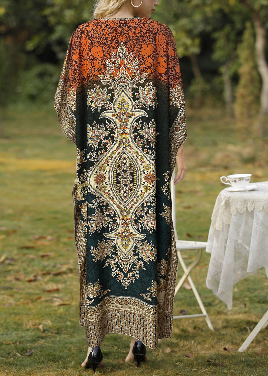 Organic Orange V Neck Side Open Long Dress Batwing Sleeve