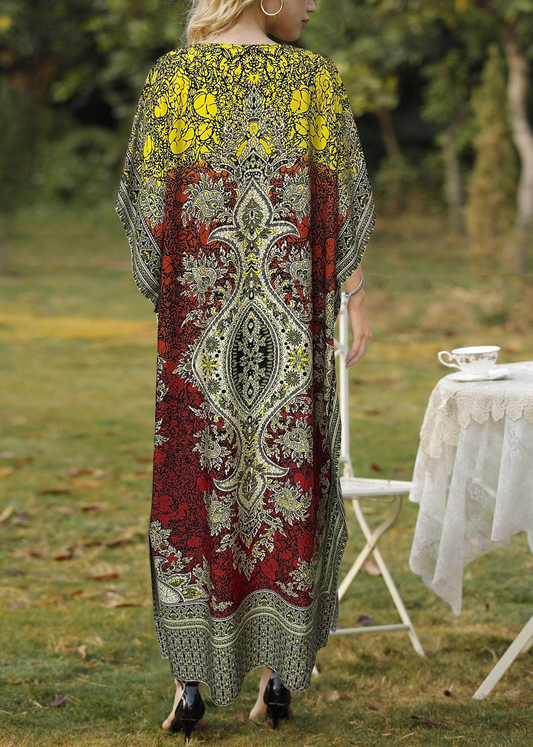 Organic Orange V Neck Side Open Long Dress Batwing Sleeve