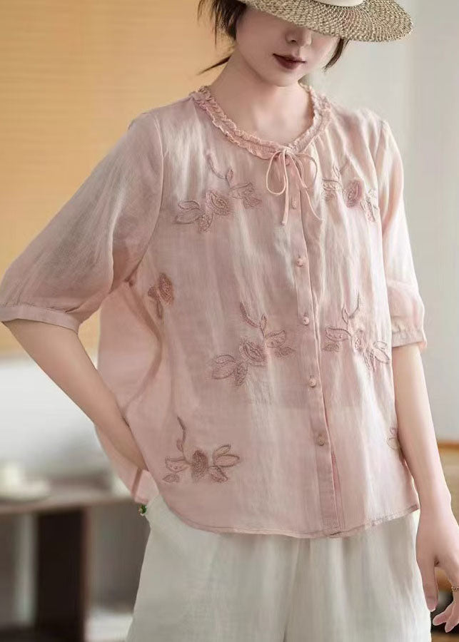 Organic Pink Embroidered Tie Neck Linen Tops Summer