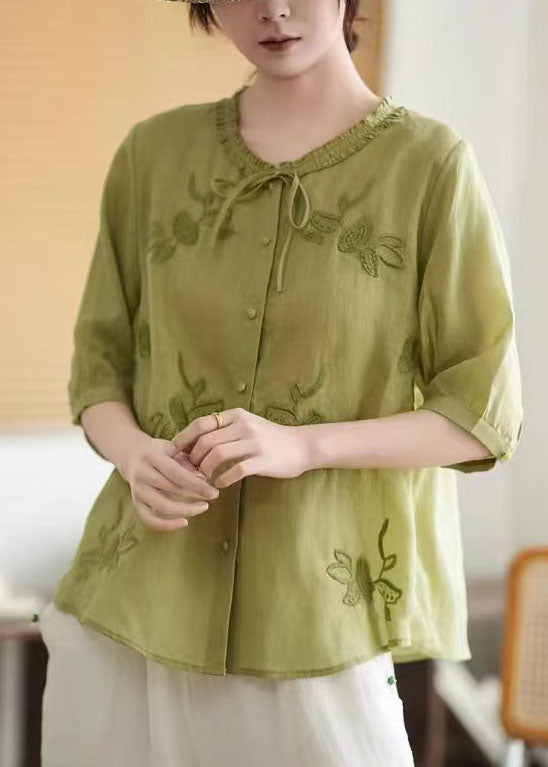 Organic Pink Embroidered Tie Neck Linen Tops Summer