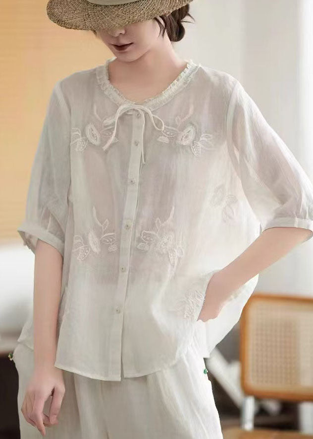 Organic Pink Embroidered Tie Neck Linen Tops Summer