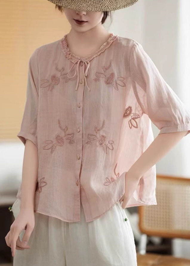 Organic Pink Embroidered Tie Neck Linen Tops Summer
