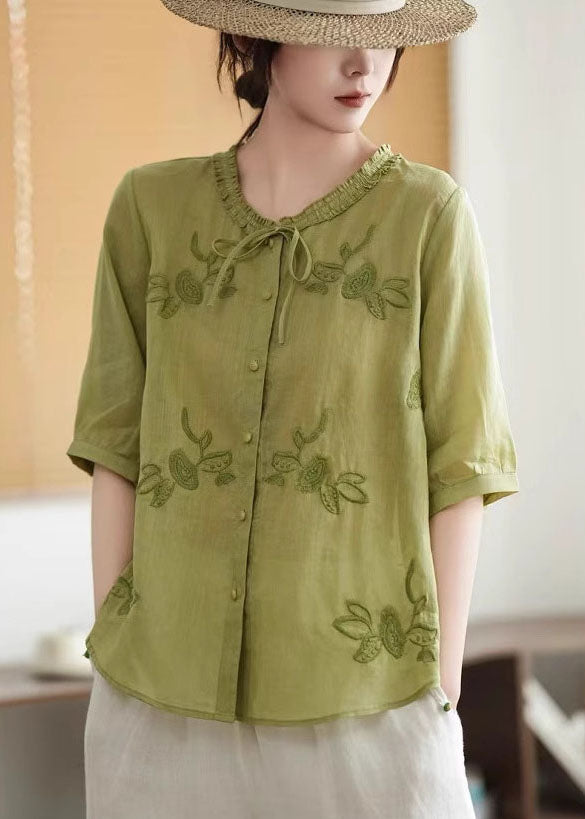 Organic Pink Embroidered Tie Neck Linen Tops Summer