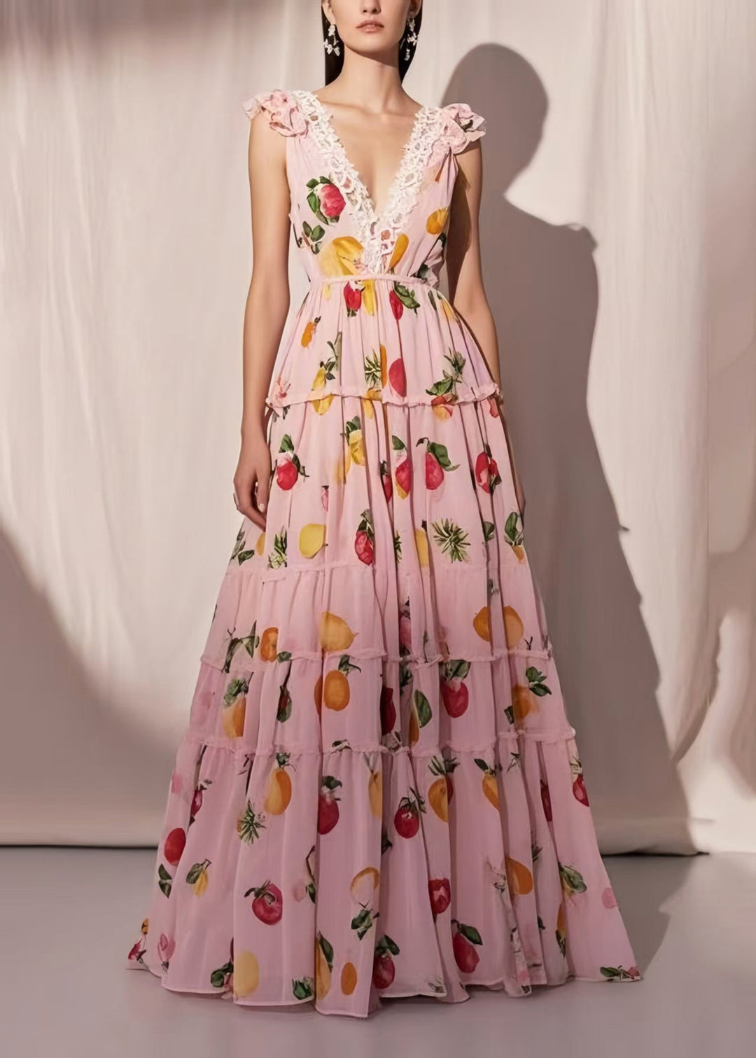 Organic Pink Fruit Print Exra Large Hem Chiffon Maxi Dresses Summer