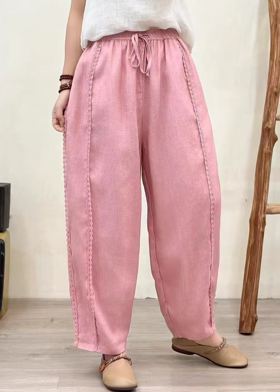Organic Pink Oversized Patchwork Lace Pants Summer