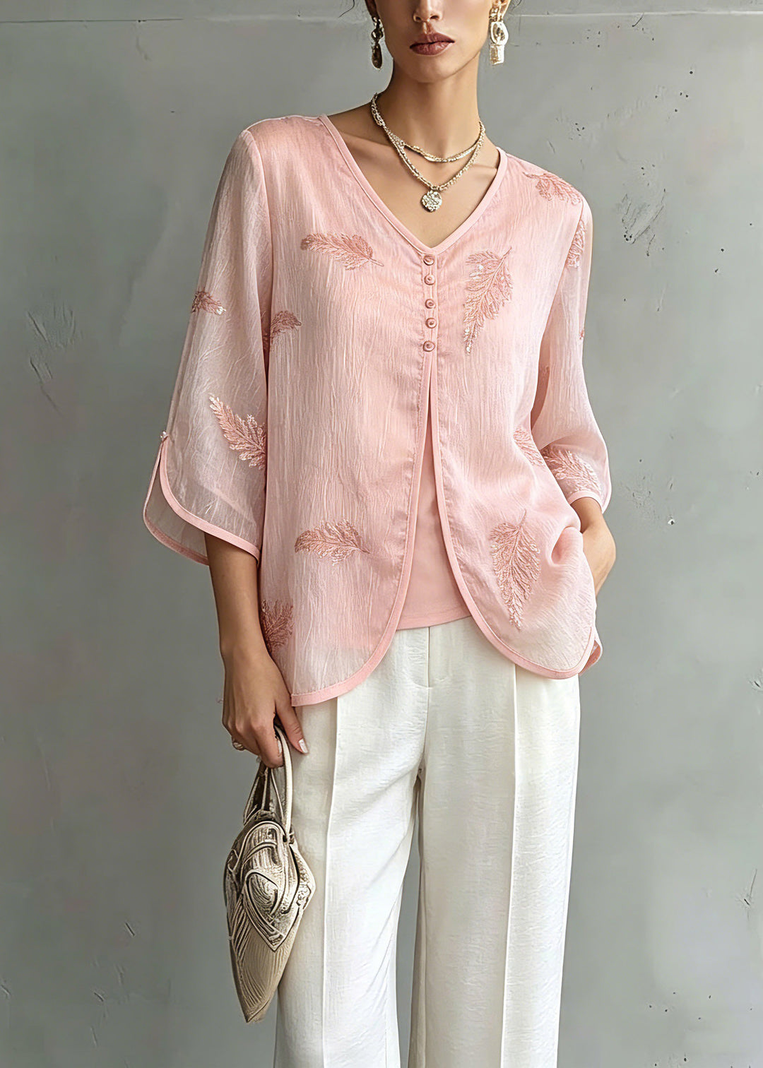 Organic Pink V Neck Print Chiffon Shirts Three Quarter Sleeve