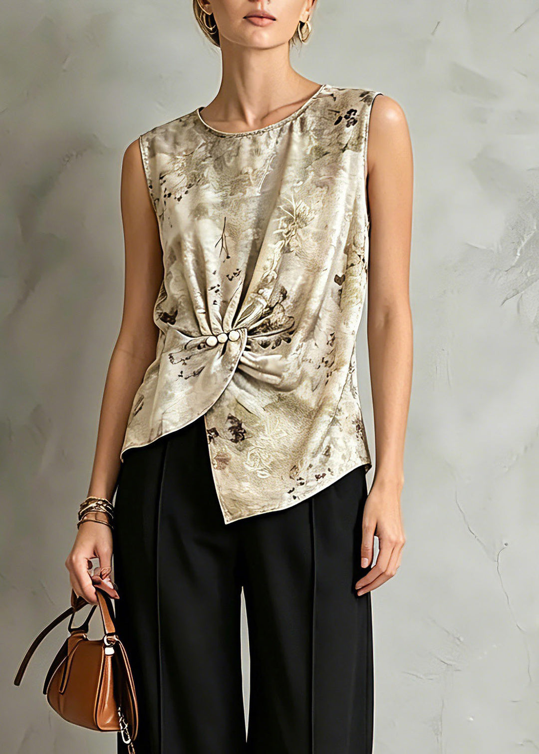 Organic Print Silk Tops And Crop Pants Two Pieces Set Short Sleeve