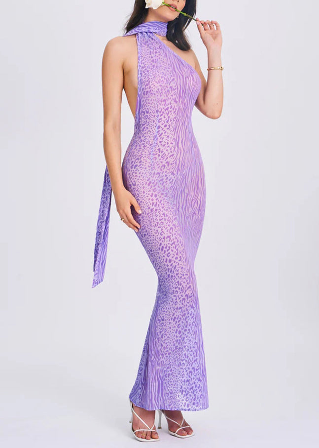 Organic Purple Leopard Print Cold Shoulder Tulle Long Dresses Summer