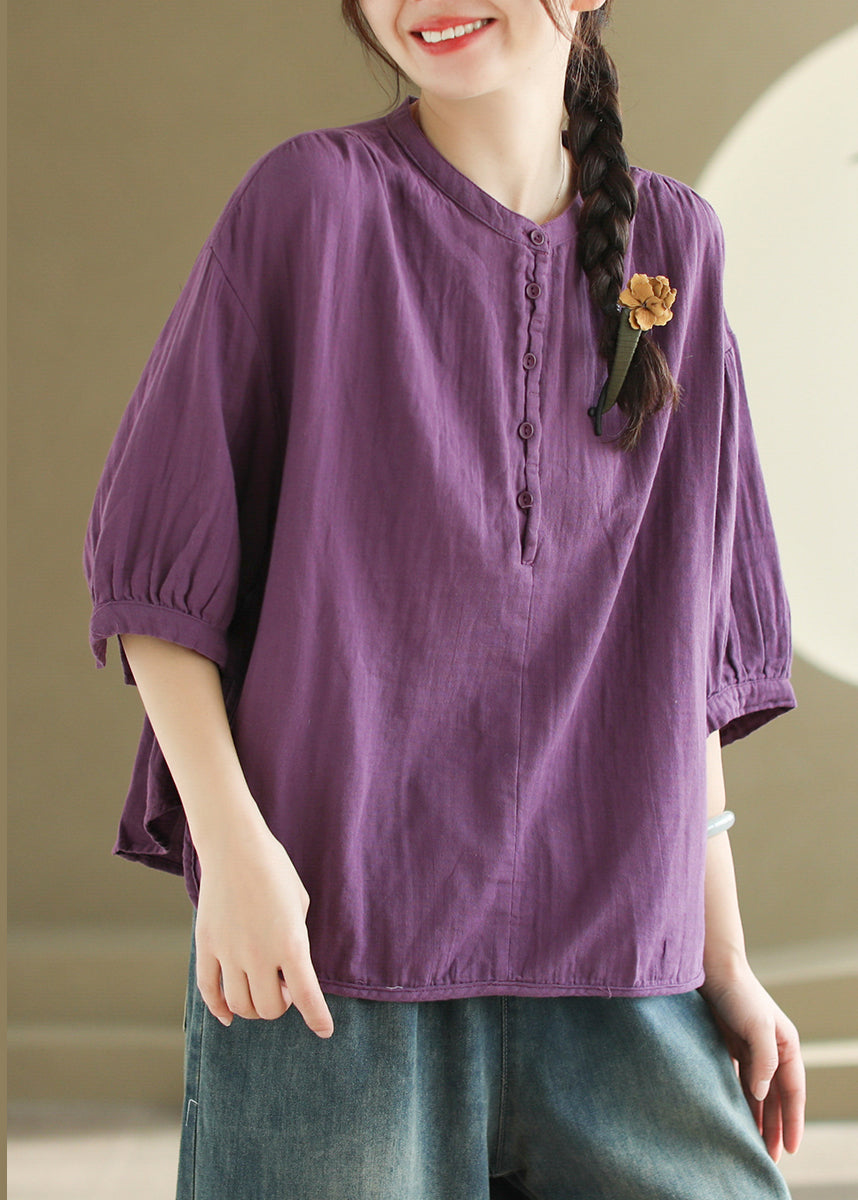 Organic Purple O Neck Button Cotton T Shirt Tops Half Sleeve