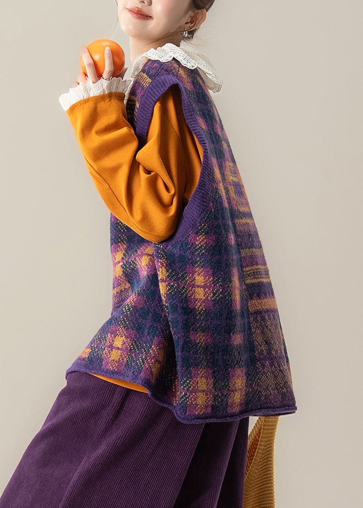 Organic Purple Plaid O-Neck Cotton Knit Waistcoat Sleeveless