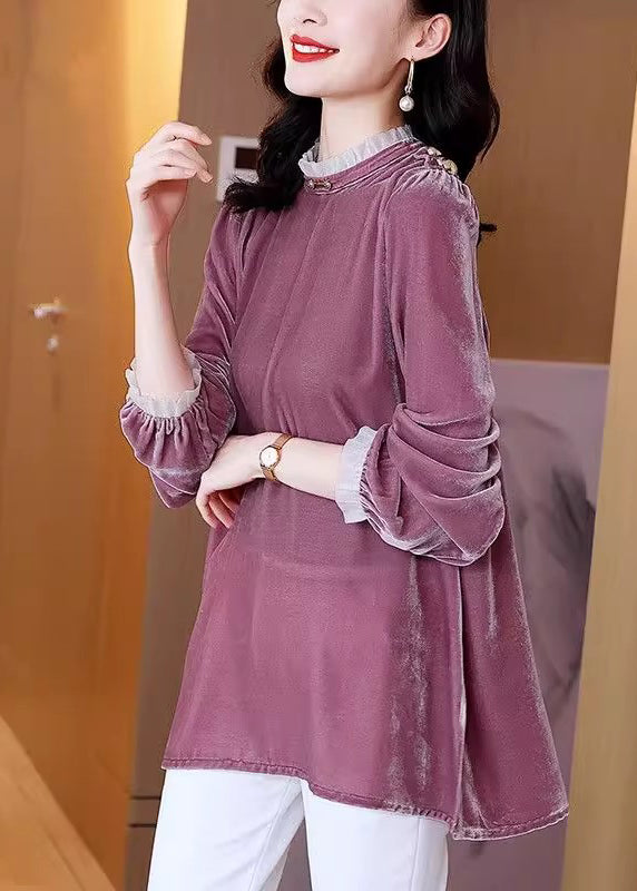 Organic Purple Stand Collar Silk Velour T Shirt Fall