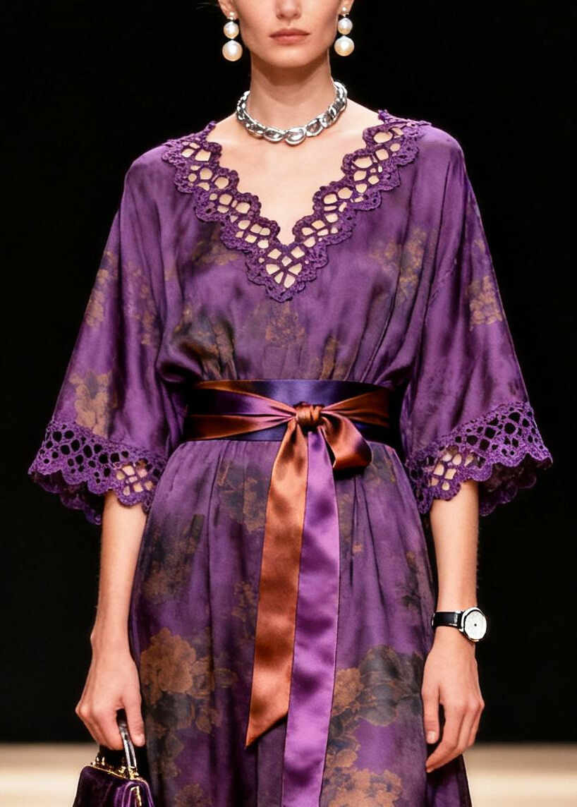 Organic Purple Tie Waist Print Silk Party Dress Summer