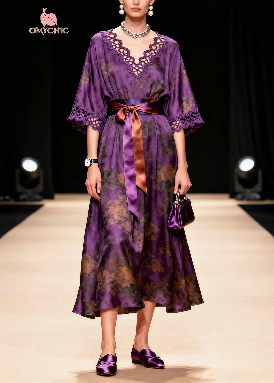 Organic Purple Tie Waist Print Silk Party Dress Summer
